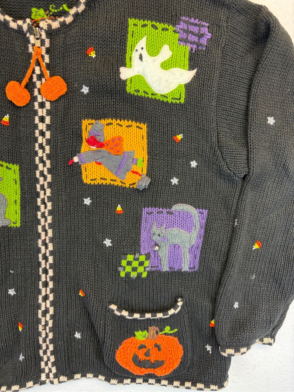 Vintage Halloween Zip Up Cardigan Sweater Large Croft Barrow Grandma Cats Bats - Picture 3 of 13